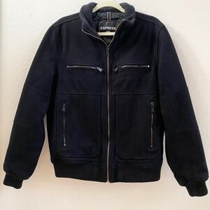 EXPRESS Mens Bomber Jacket Black Wool Blend Zip Front Pockets M Medium